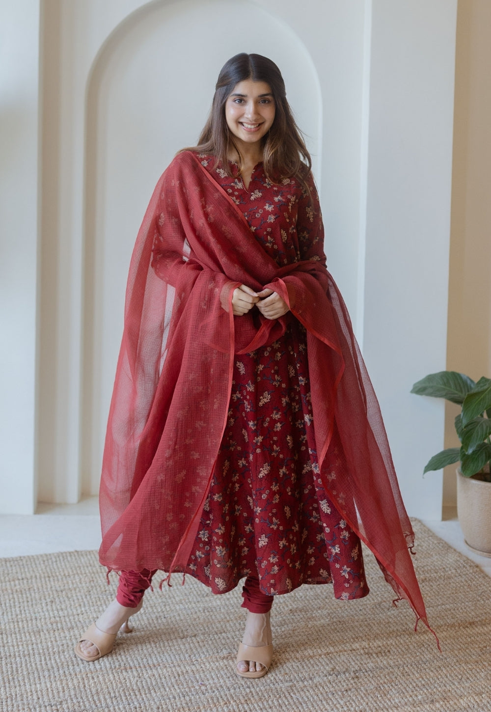 Red Solid Kota Doria Cotton Dupatta