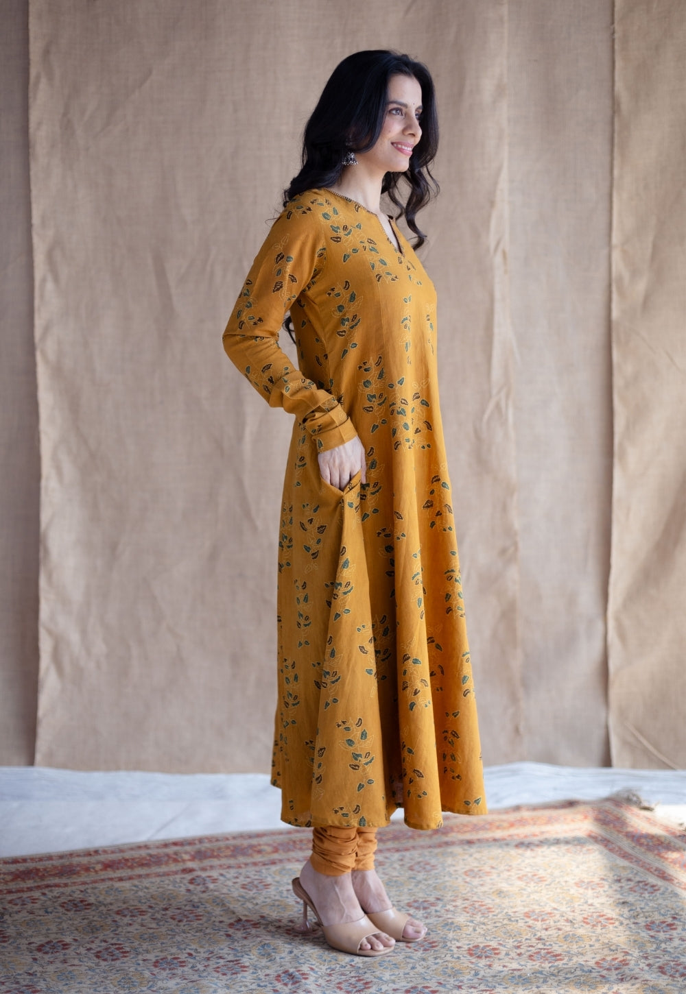 Shinat Mustard Ajrakh Cotton Kali Kurta with Hand Embroidery