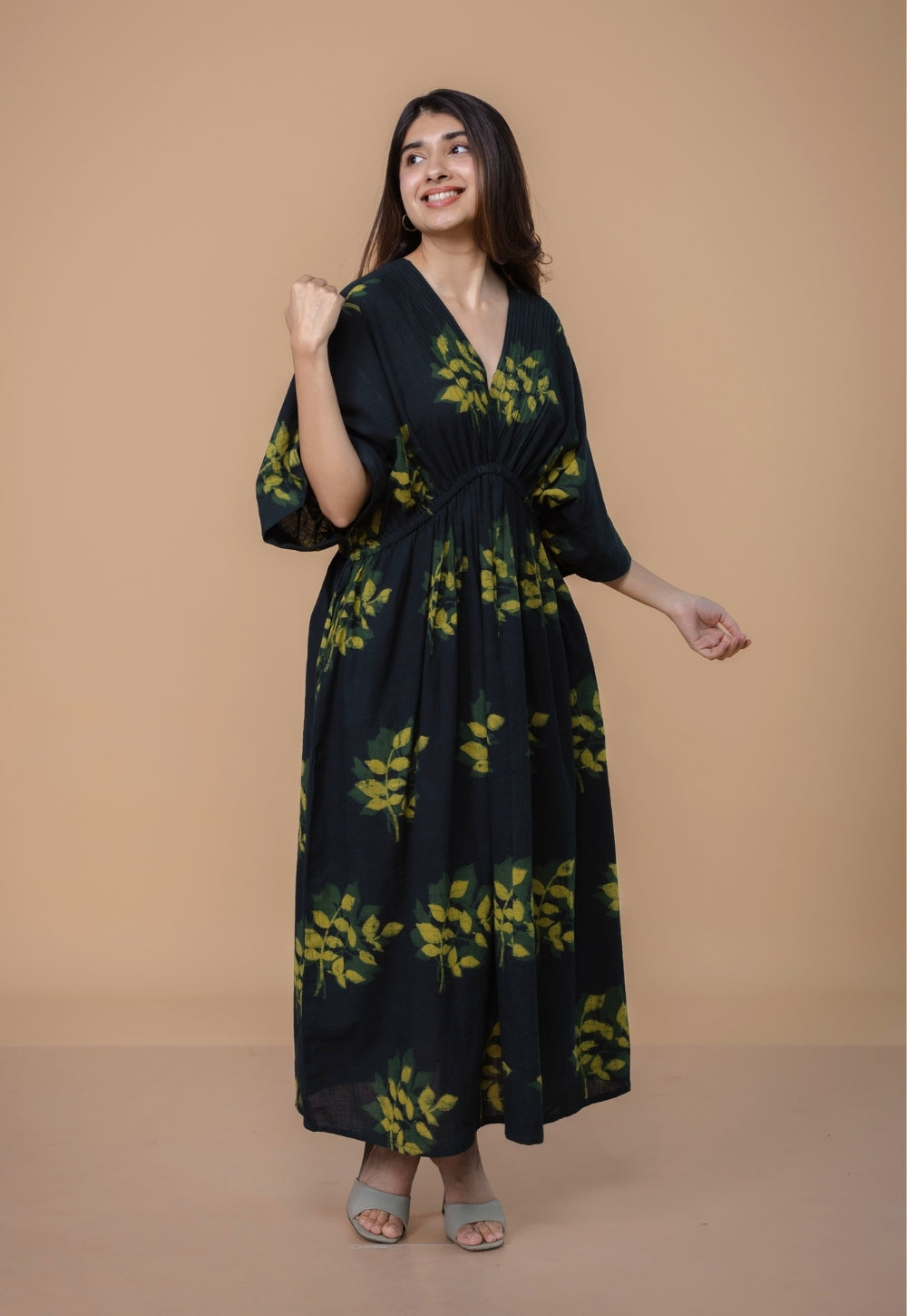 Jiana Green Dabu Slub Cotton Kaftan Dress