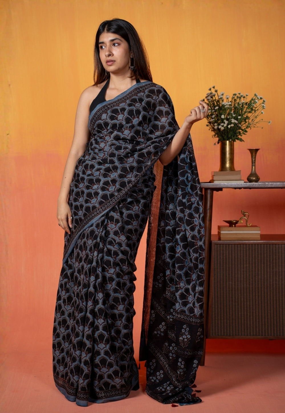 Black Clamshell Ajrakh Hand Block Print Mul Saree