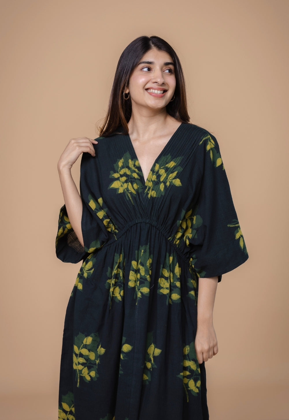 Jiana Green Dabu Slub Cotton Kaftan Dress