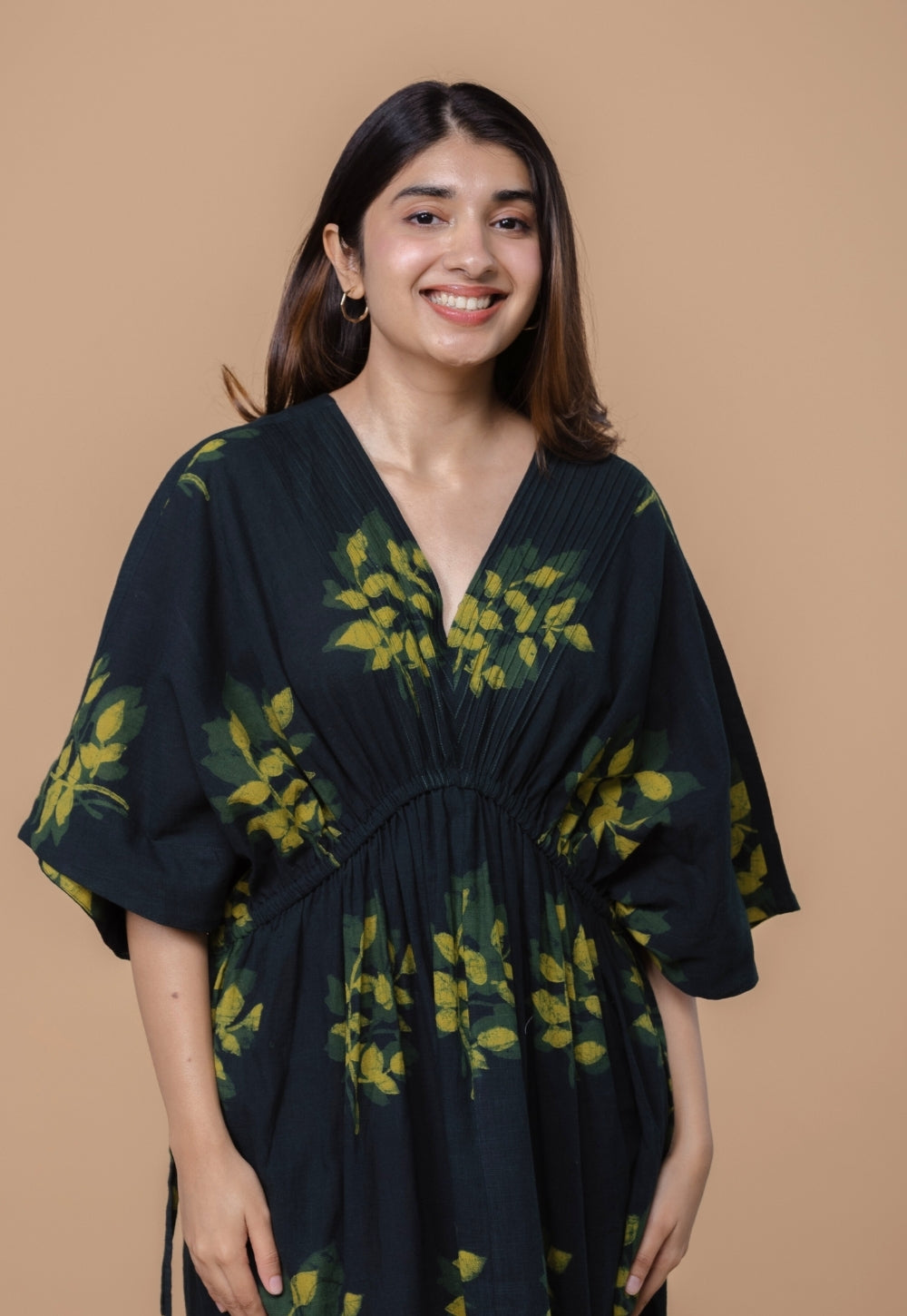 Jiana Green Dabu Slub Cotton Kaftan Dress