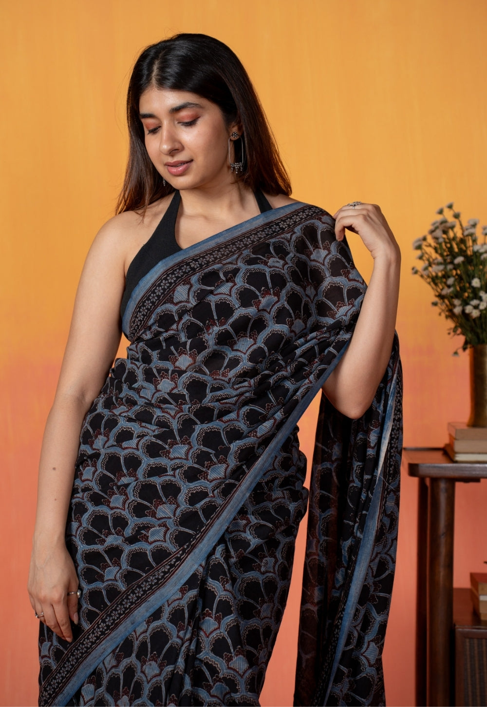 Black Clamshell Ajrakh Hand Block Print Mul Saree