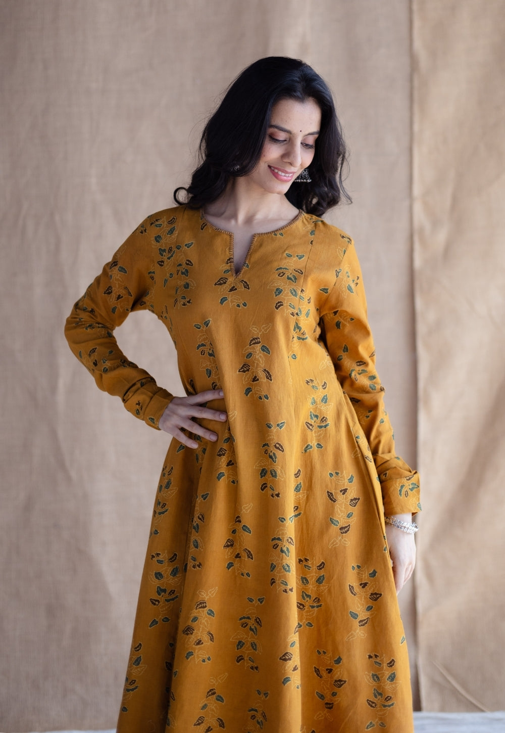 Shinat Mustard Ajrakh Cotton Kali Kurta with Hand Embroidery