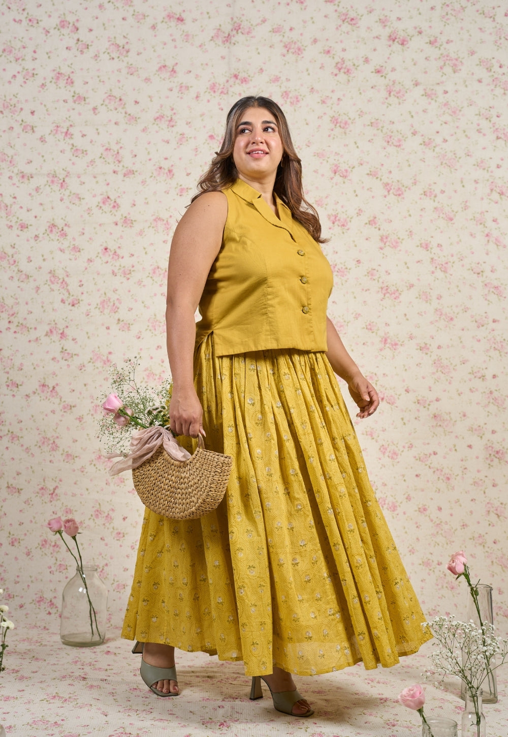 Jenny Yellow Sanganeri Mul Cotton A Line Skirt