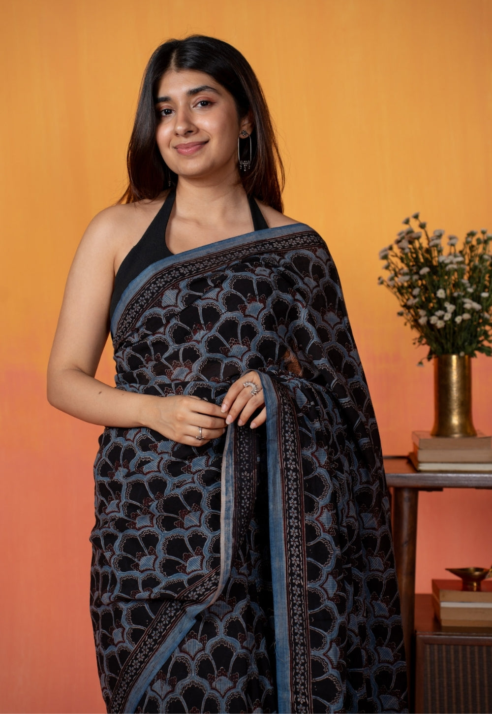 Black Clamshell Ajrakh Hand Block Print Mul Saree