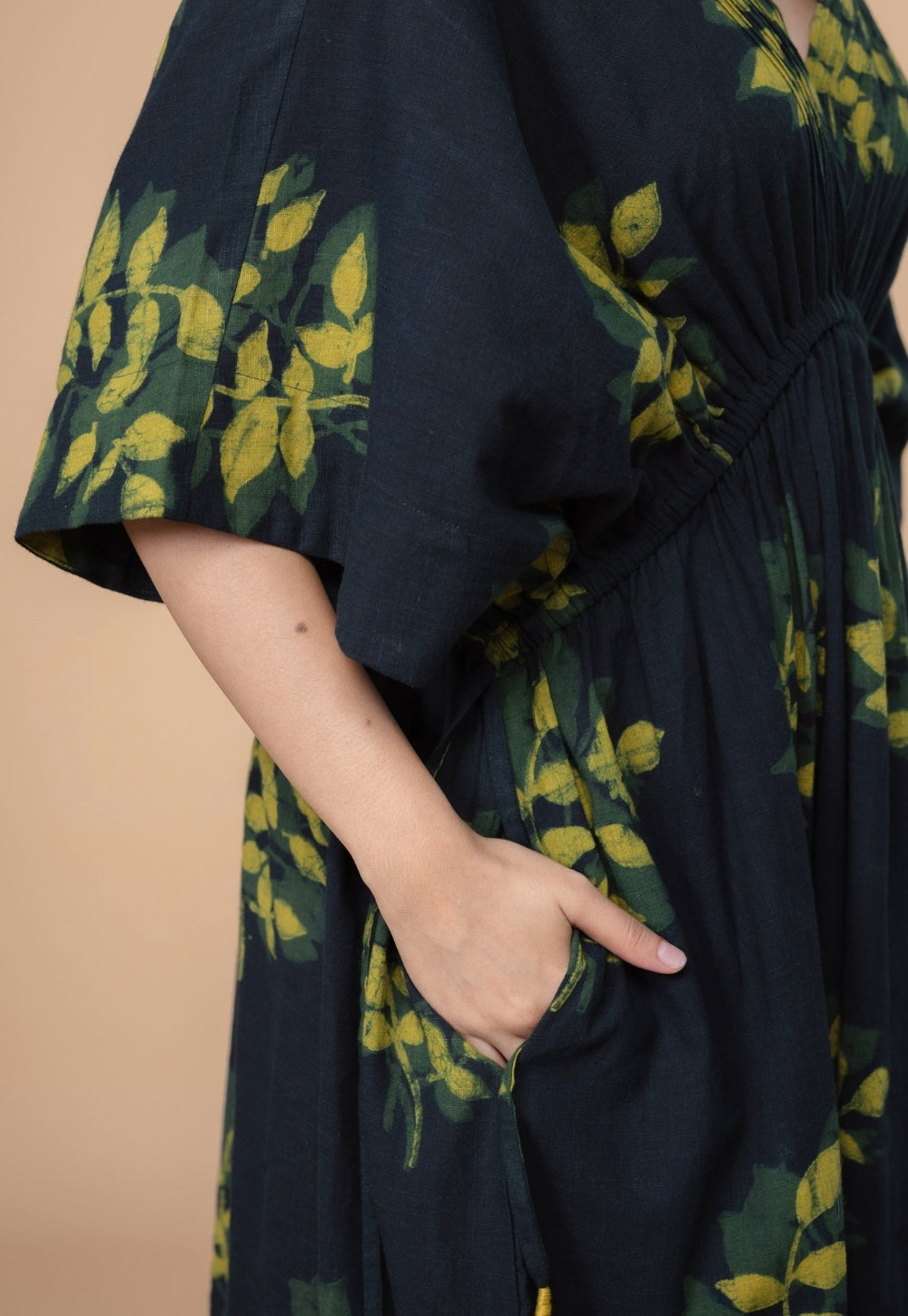 Jiana Green Dabu Slub Cotton Kaftan Dress