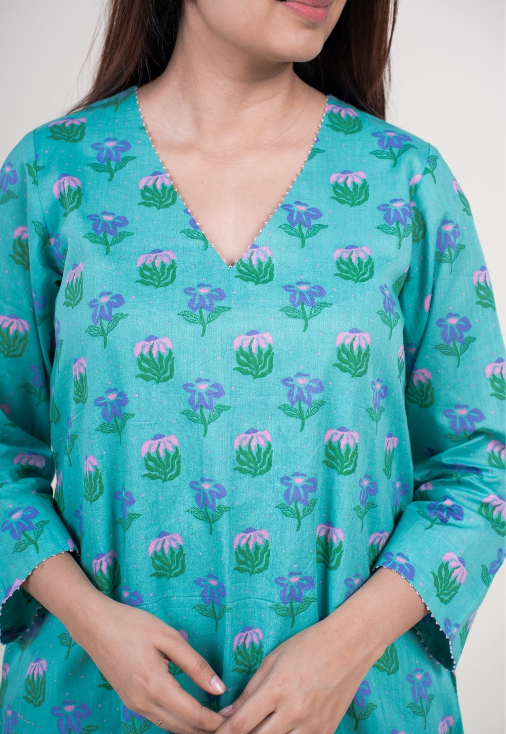 Neel Teal Blue Printed Mul A Line Kurta with Hand Embroidery