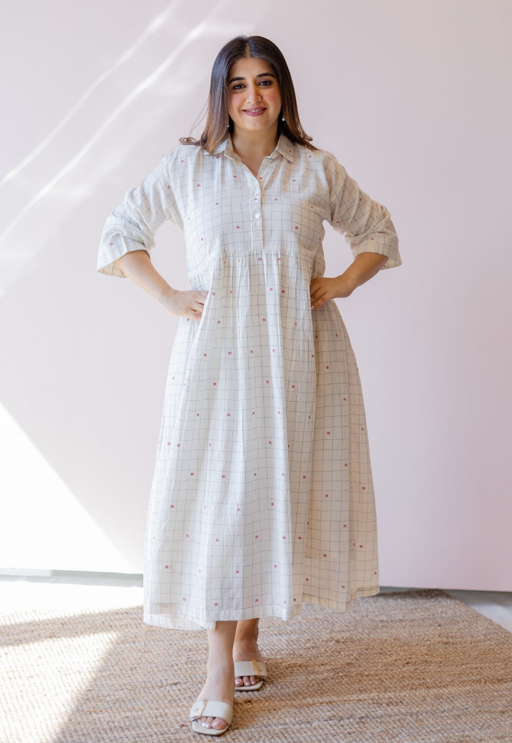 Maira Off White Jamdani Handloom Cotton A Line Dress