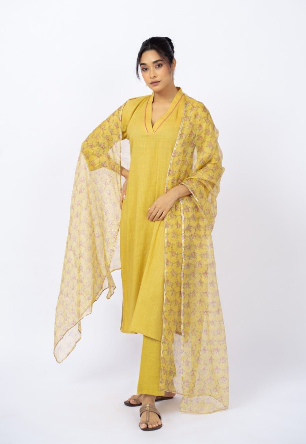 Zeenat Yellow Solid Slub Cotton Straight Kurta Suit Set with Printed Dupatta (Set of 3)