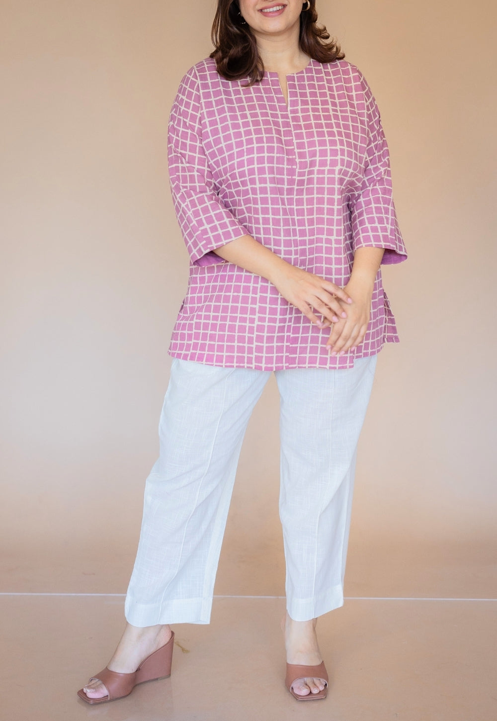 Lyla Pink Hand Block Print Slub Cotton Straight Short Top