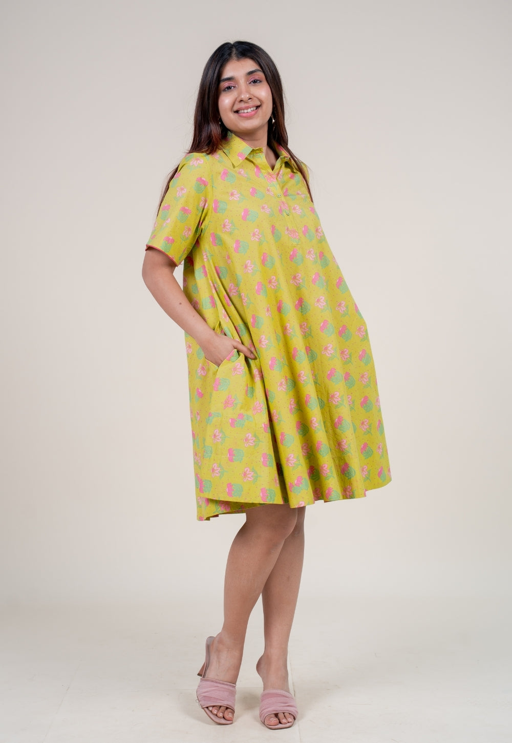 Srisha Lime Green Printed Cotton A Line Dress