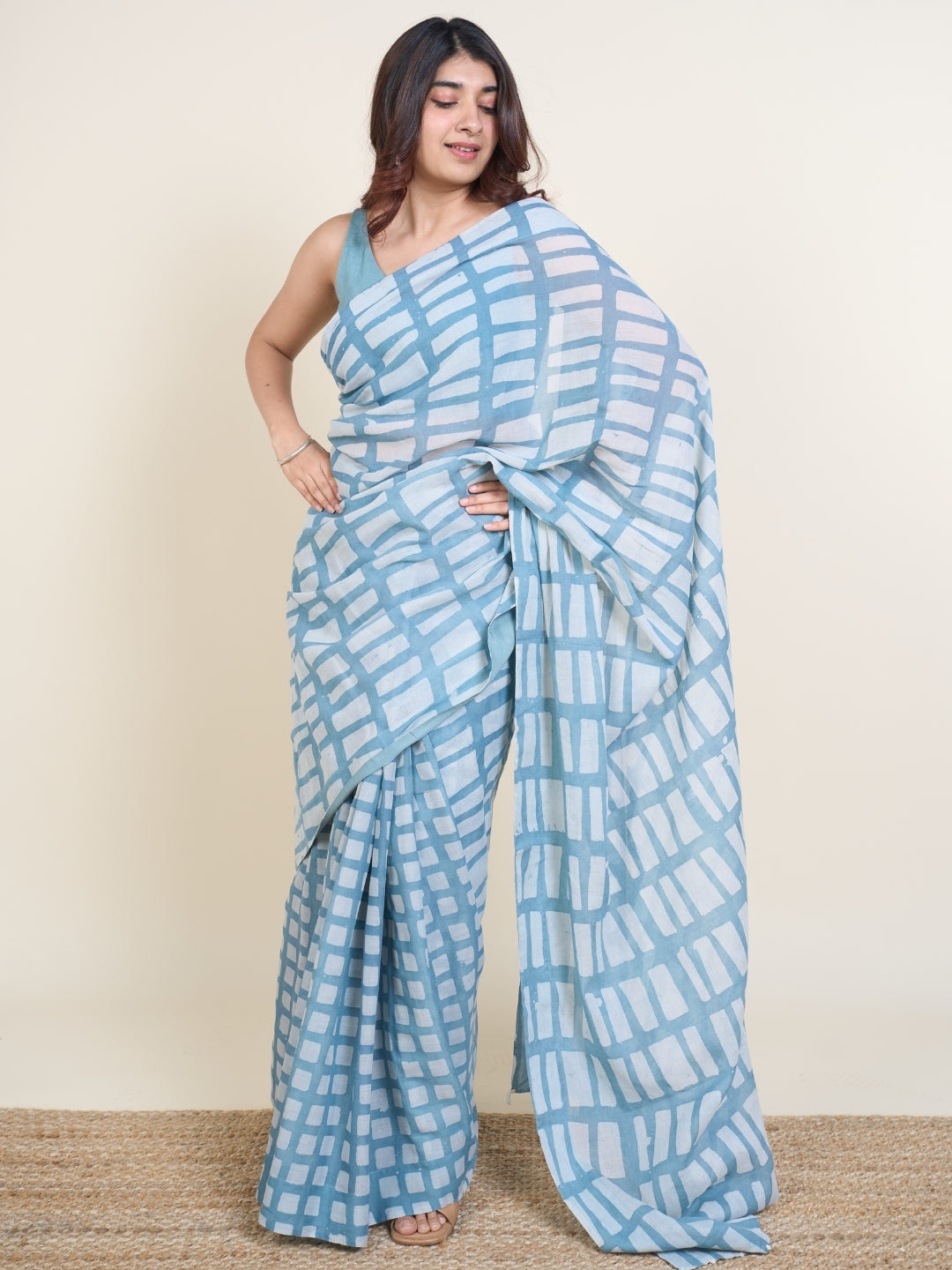 Mishi Blue Batik Hand Block Print Mul Cotton Saree with Embroidery