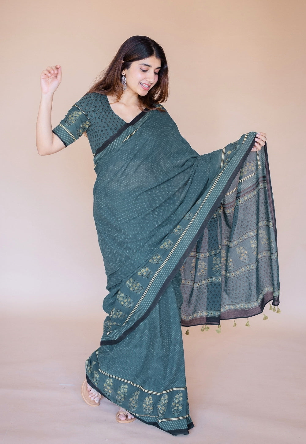 Green Floral Ajrakh Hand Block Print Mul Saree