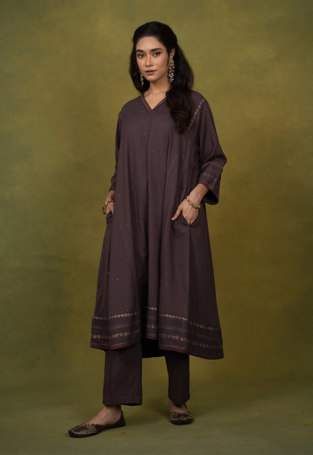 Zohra Aubergine Rogan Handblock Printed Cotton Jhabbha Kali Kurta Suit Set (Set of 3)