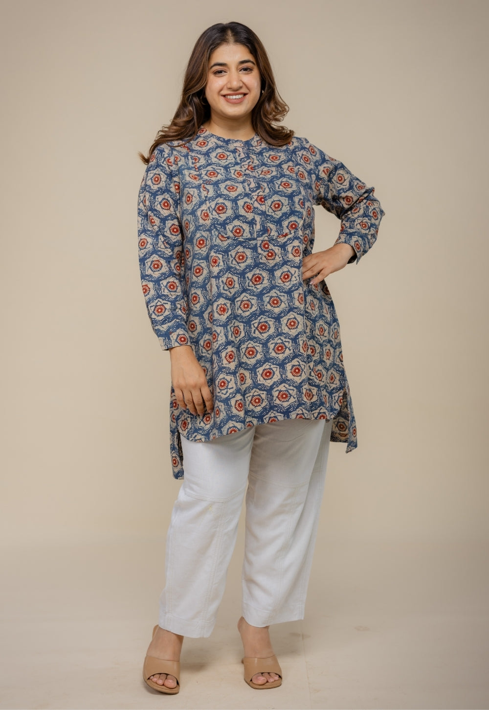 Naaz Blue Ajrakh Cotton A Line Short Top