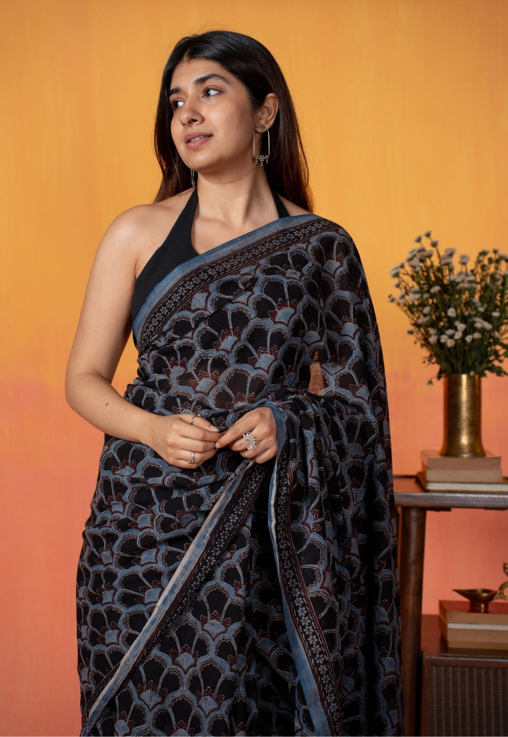 Black Clamshell Ajrakh Hand Block Print Mul Saree