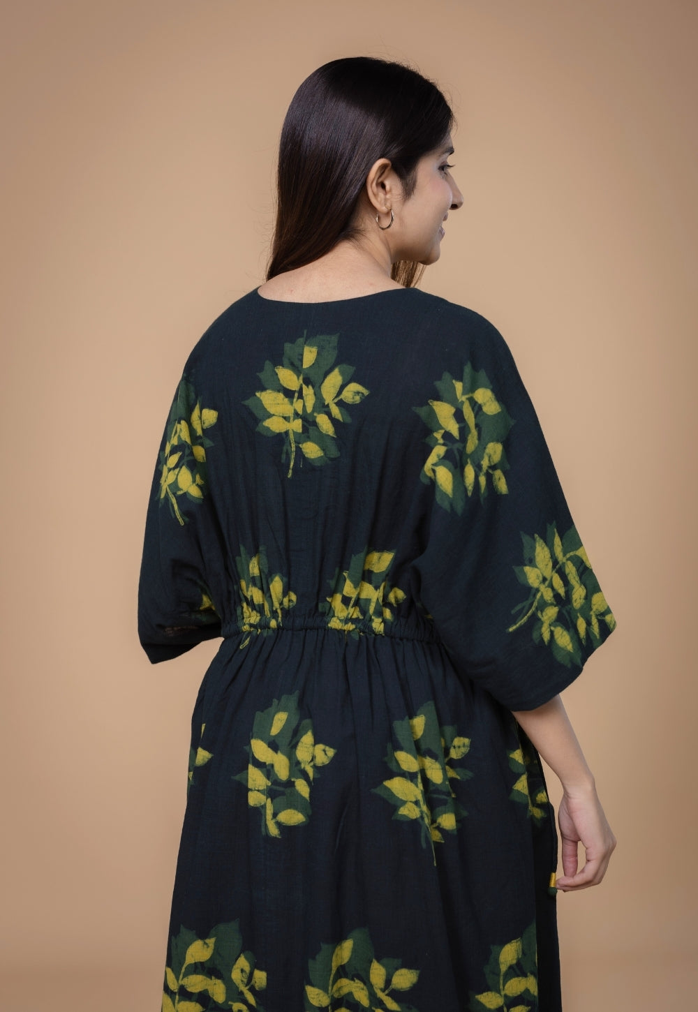 Jiana Green Dabu Slub Cotton Kaftan Dress