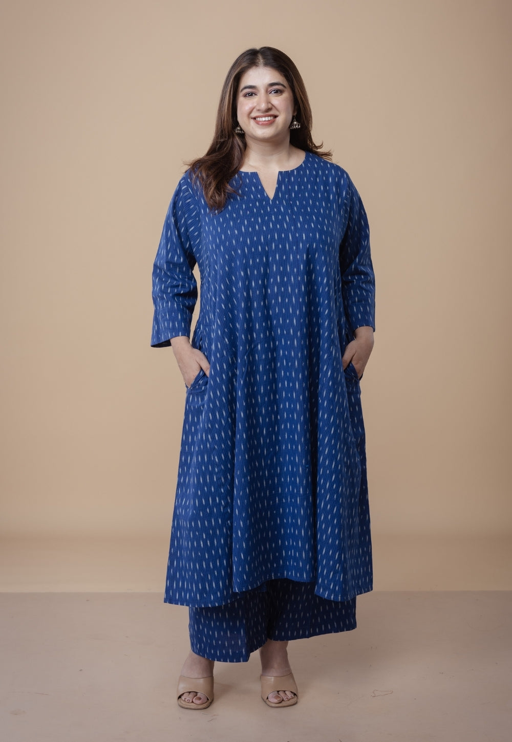 Nyra Blue Ikkat Cotton Jhabbha Kali Co-Ord Set