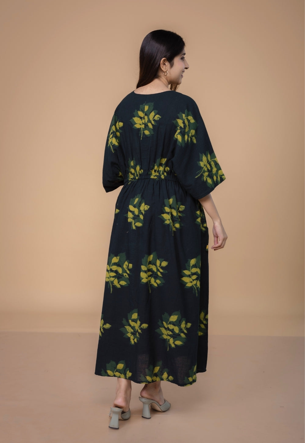 Jiana Green Dabu Slub Cotton Kaftan Dress