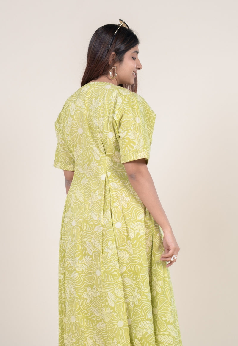 Reema Lime Green Printed Cotton A Line Dress – THE INDIAN ETHNIC CO