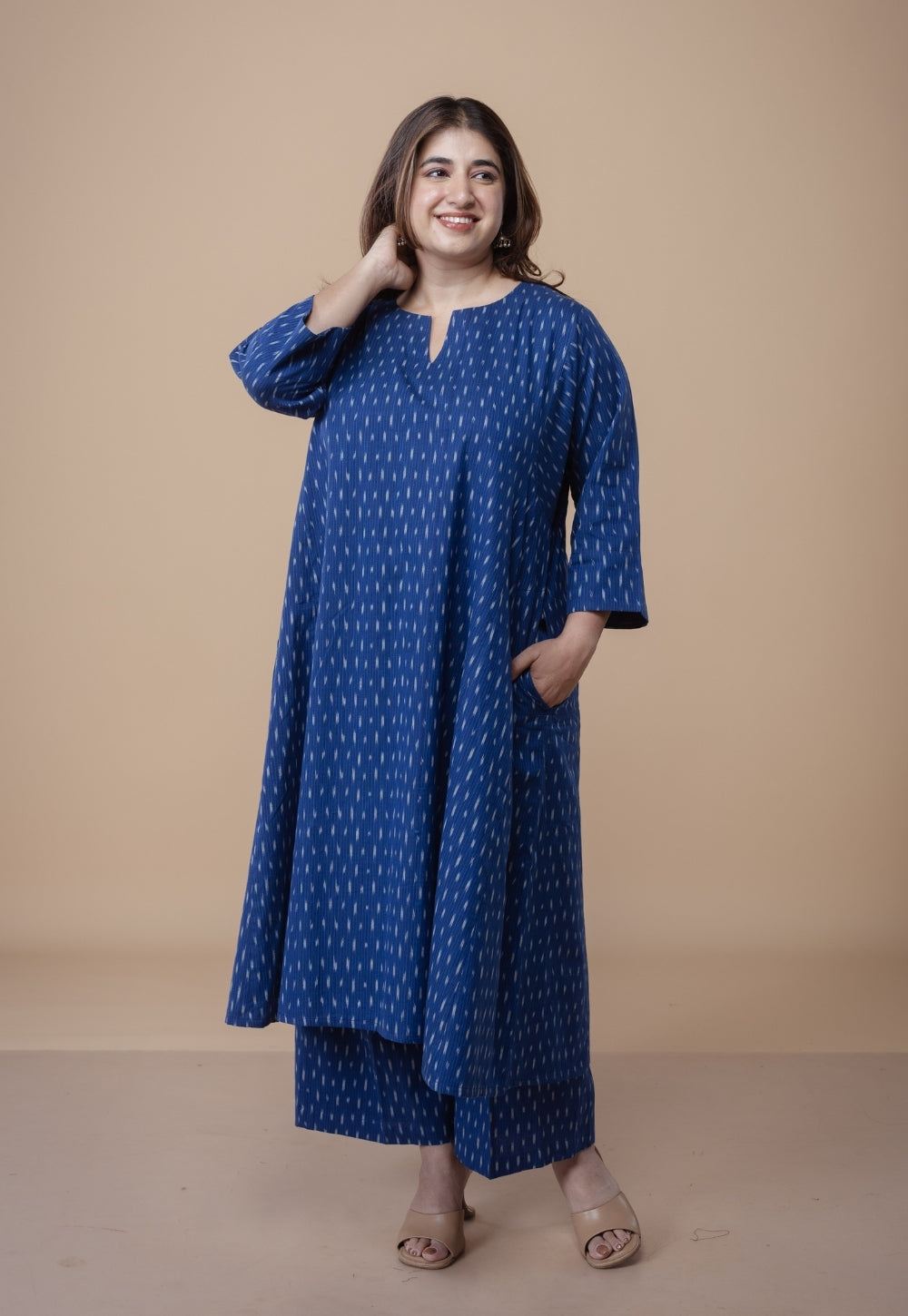 Nyra Blue Ikkat Cotton Jhabbha Kali Co-Ord Set