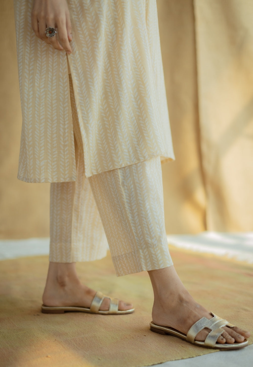 Yashi Cream Hand Block Print Slub Cotton Straight Pant