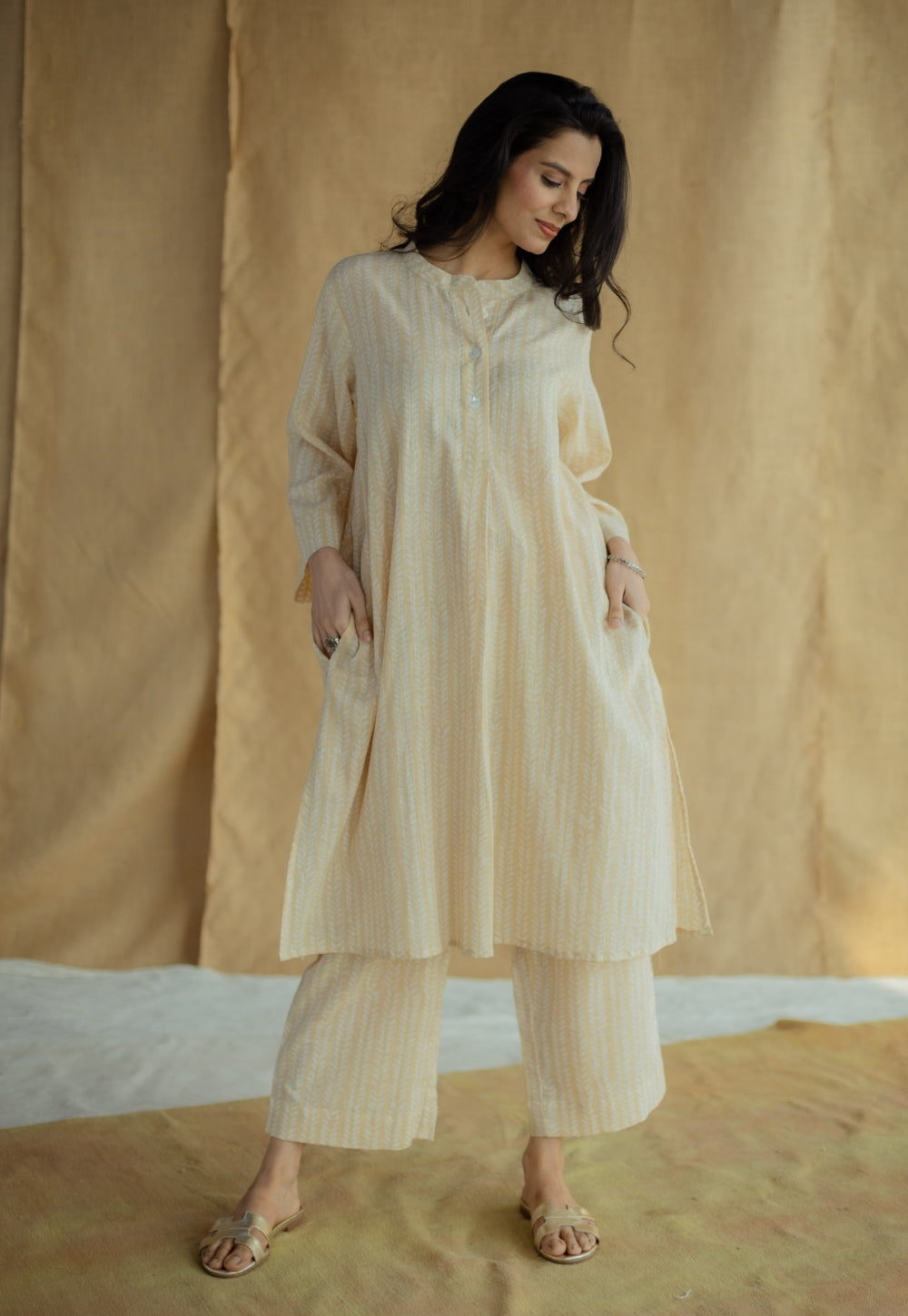 Yashi Cream Hand Block Print Slub Cotton Straight Pant
