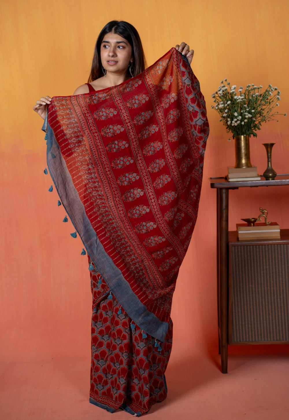 Red Clamshell Ajrakh Hand Block Print Mul Saree
