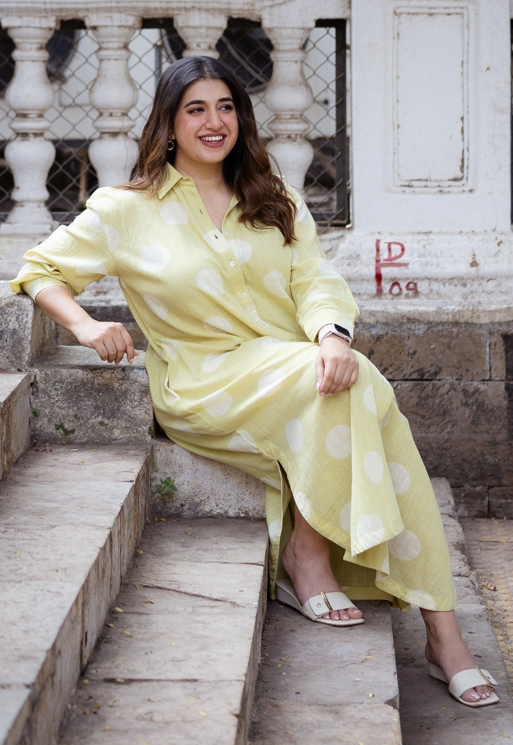Samiyah Lime Green Hand Block Print Slub Cotton Shirt Dress
