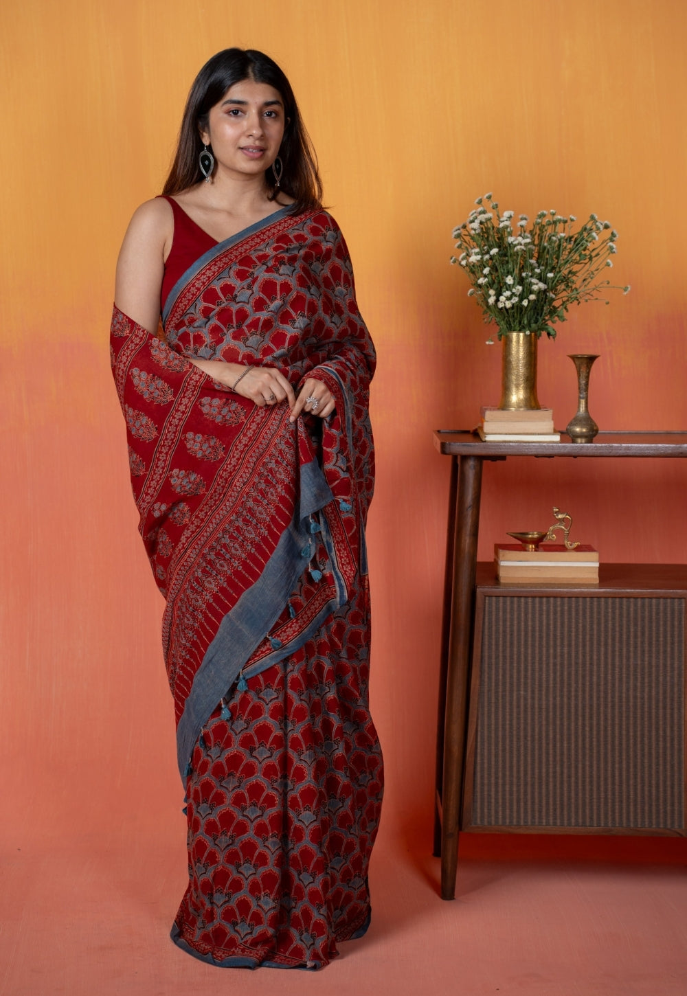 Red Clamshell Ajrakh Hand Block Print Mul Saree