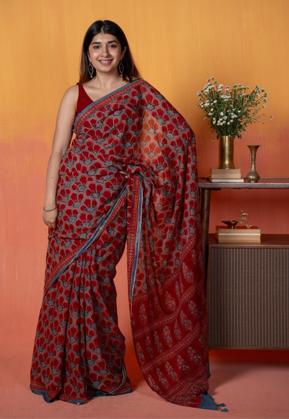 Red Clamshell Ajrakh Hand Block Print Mul Saree