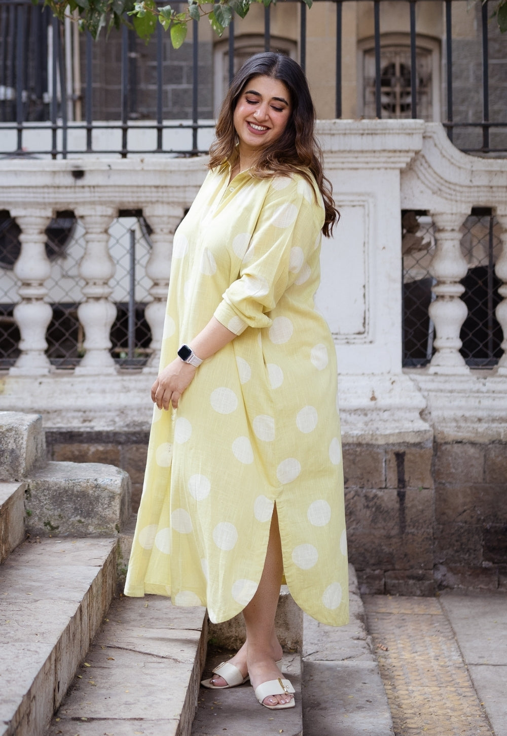 Samiyah Lime Green Hand Block Print Slub Cotton Shirt Dress