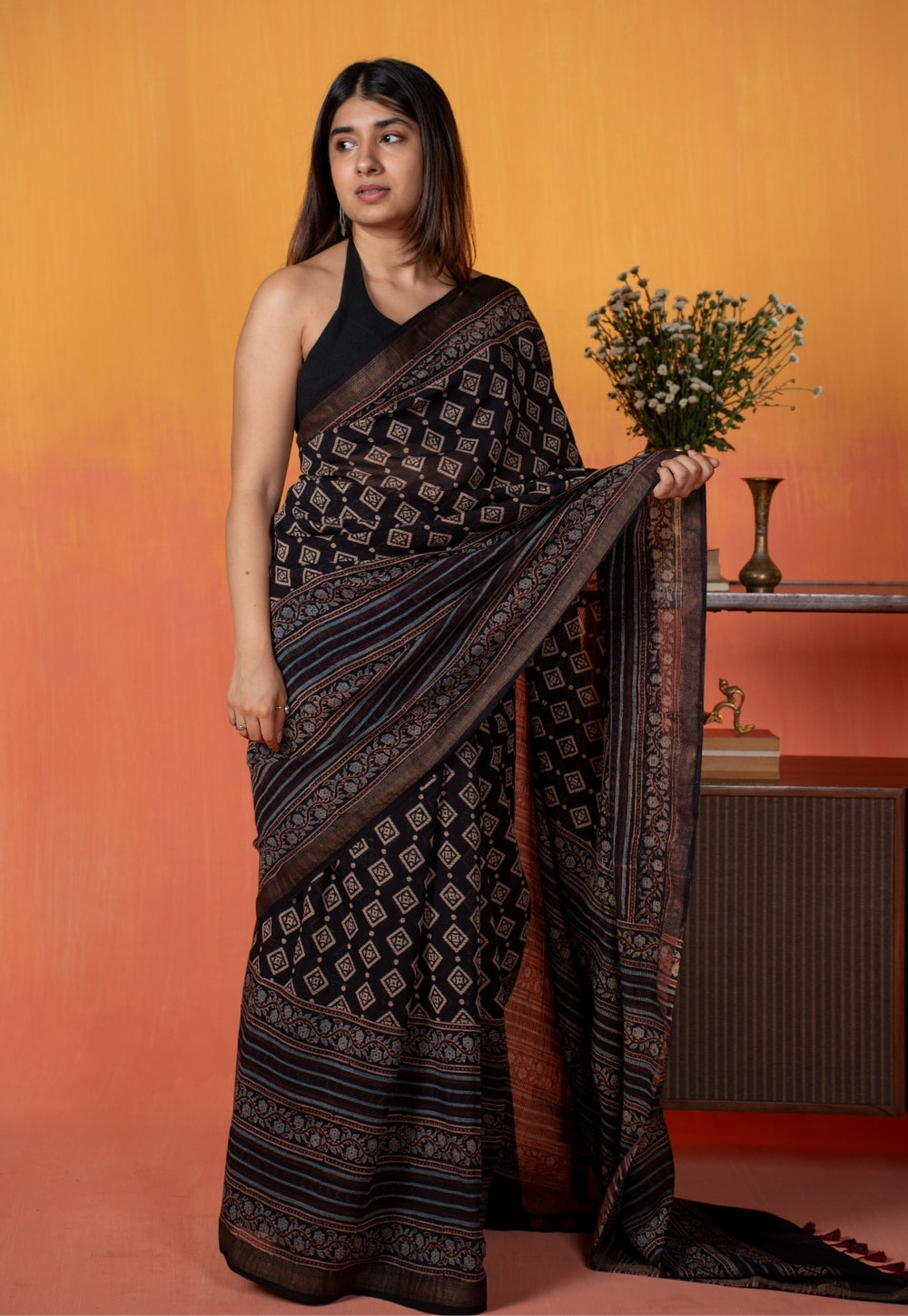 Black Aztec Ajrakh Hand Block Print Maheshwari Saree