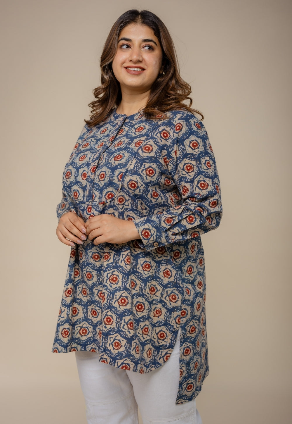 Naaz Blue Ajrakh Cotton A Line Short Top