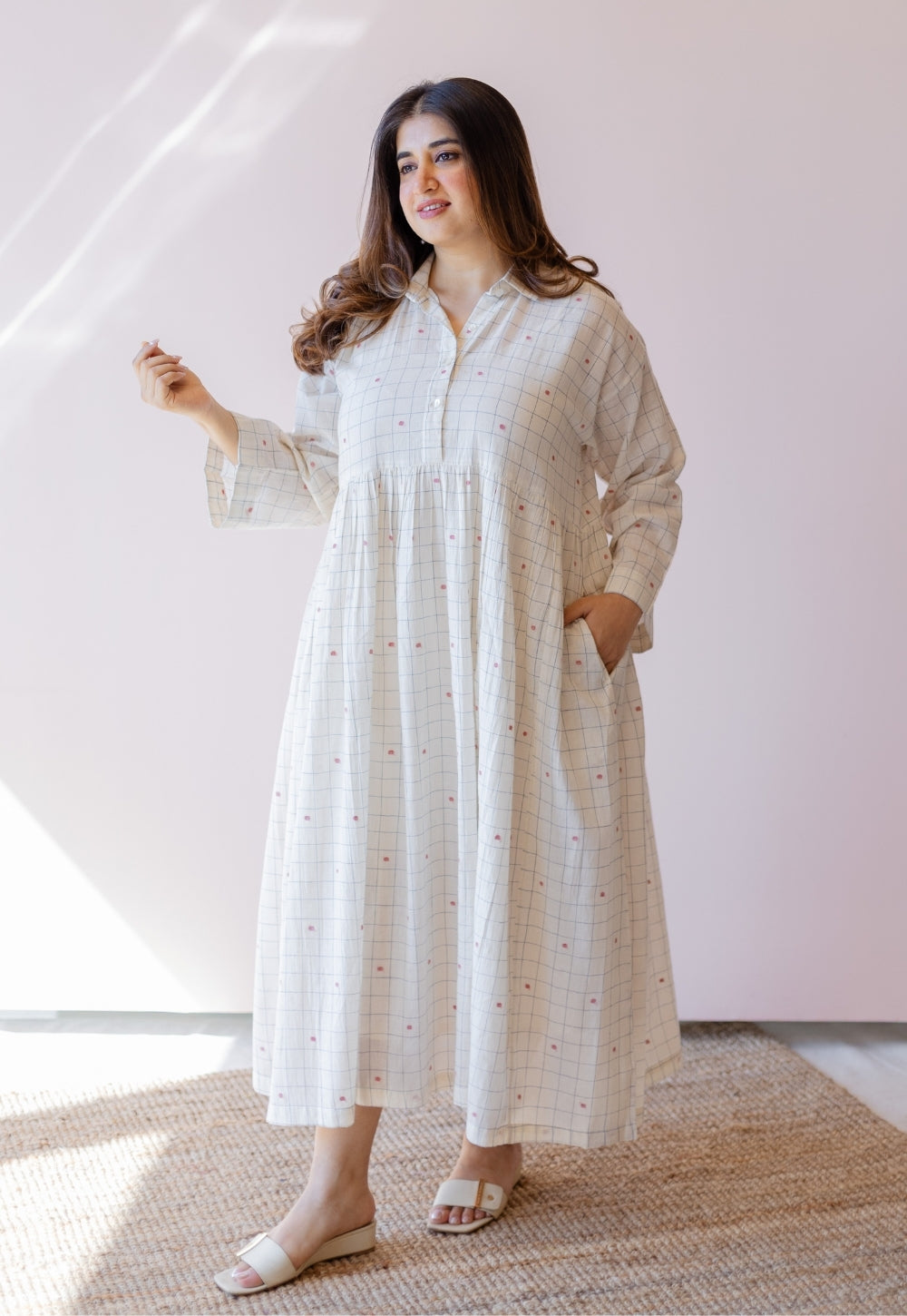 Maira Off White Jamdani Handloom Cotton A Line Dress