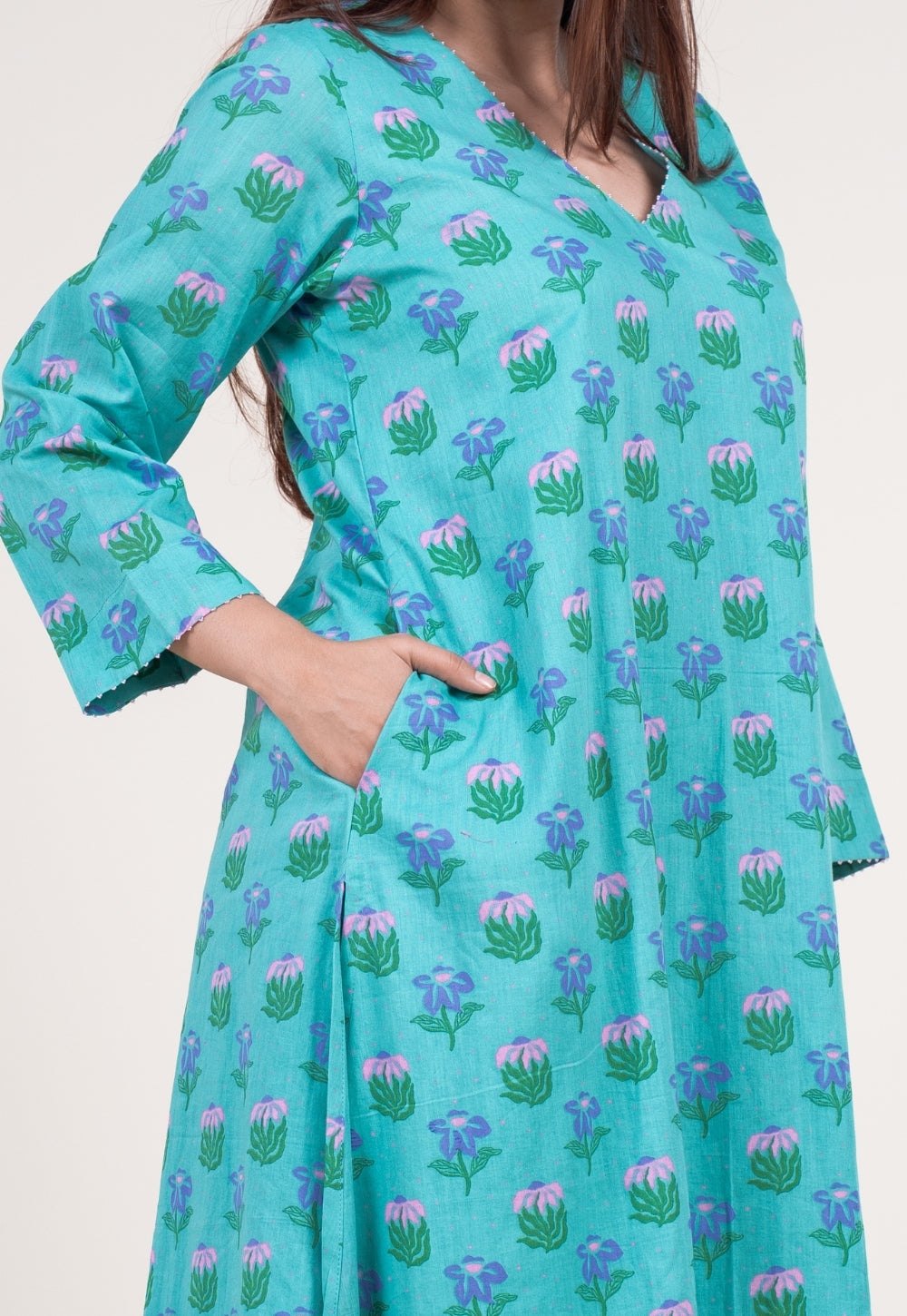 Neel Teal Blue Printed Mul A Line Kurta with Hand Embroidery