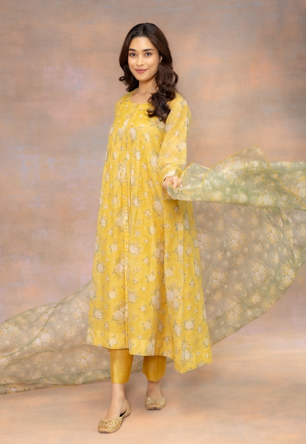 Rosa Yellow Sanganeri Chanderi Silk A Line Kurta with Hand Embroidery and Slip
