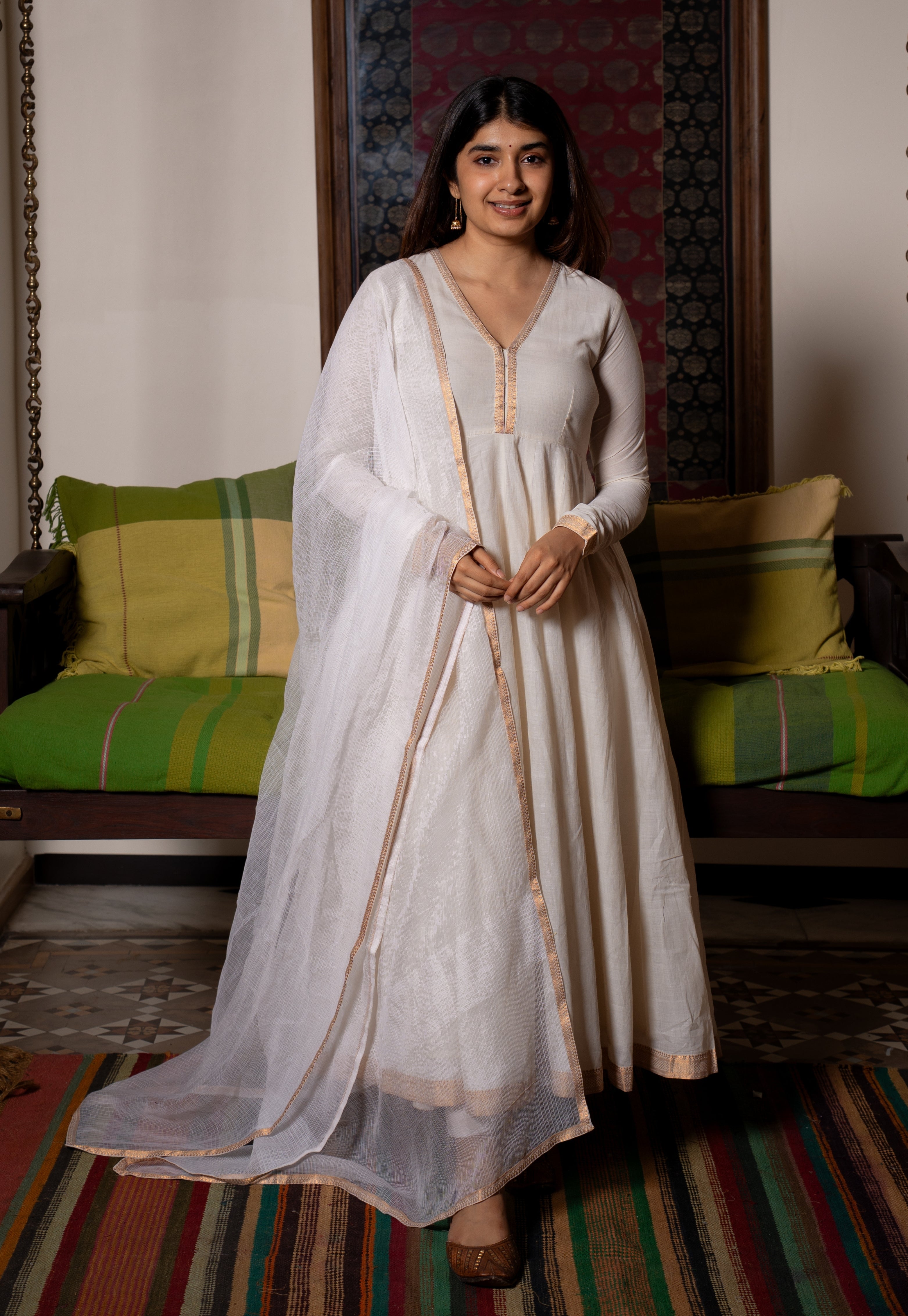 Husna White Mangalgiri Cotton Kali Kurta with Nizam Border