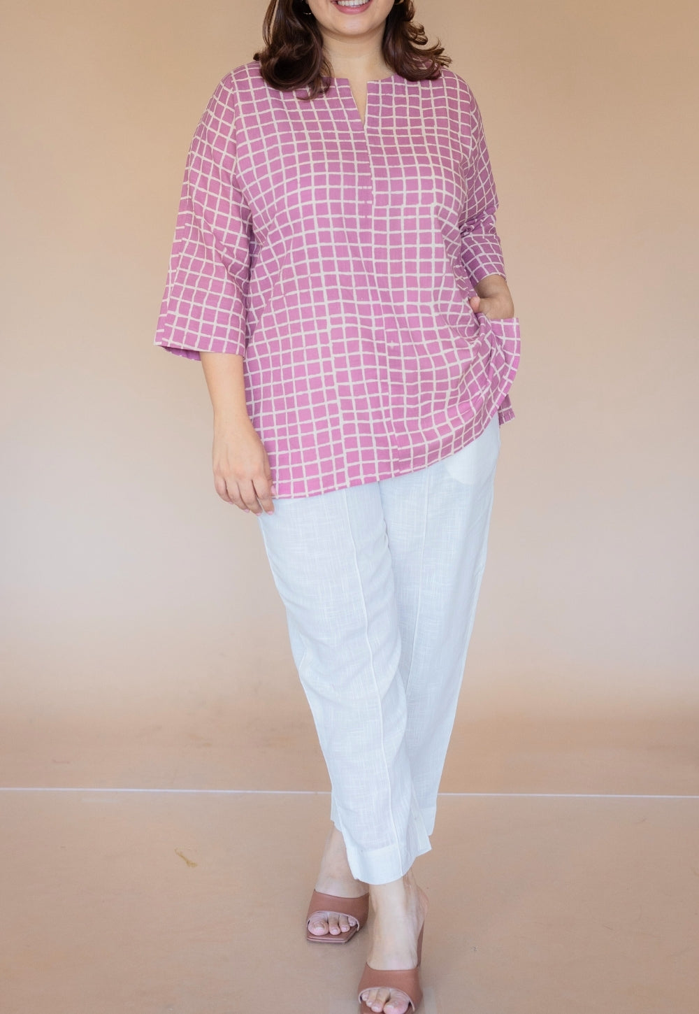 Lyla Pink Hand Block Print Slub Cotton Straight Short Top