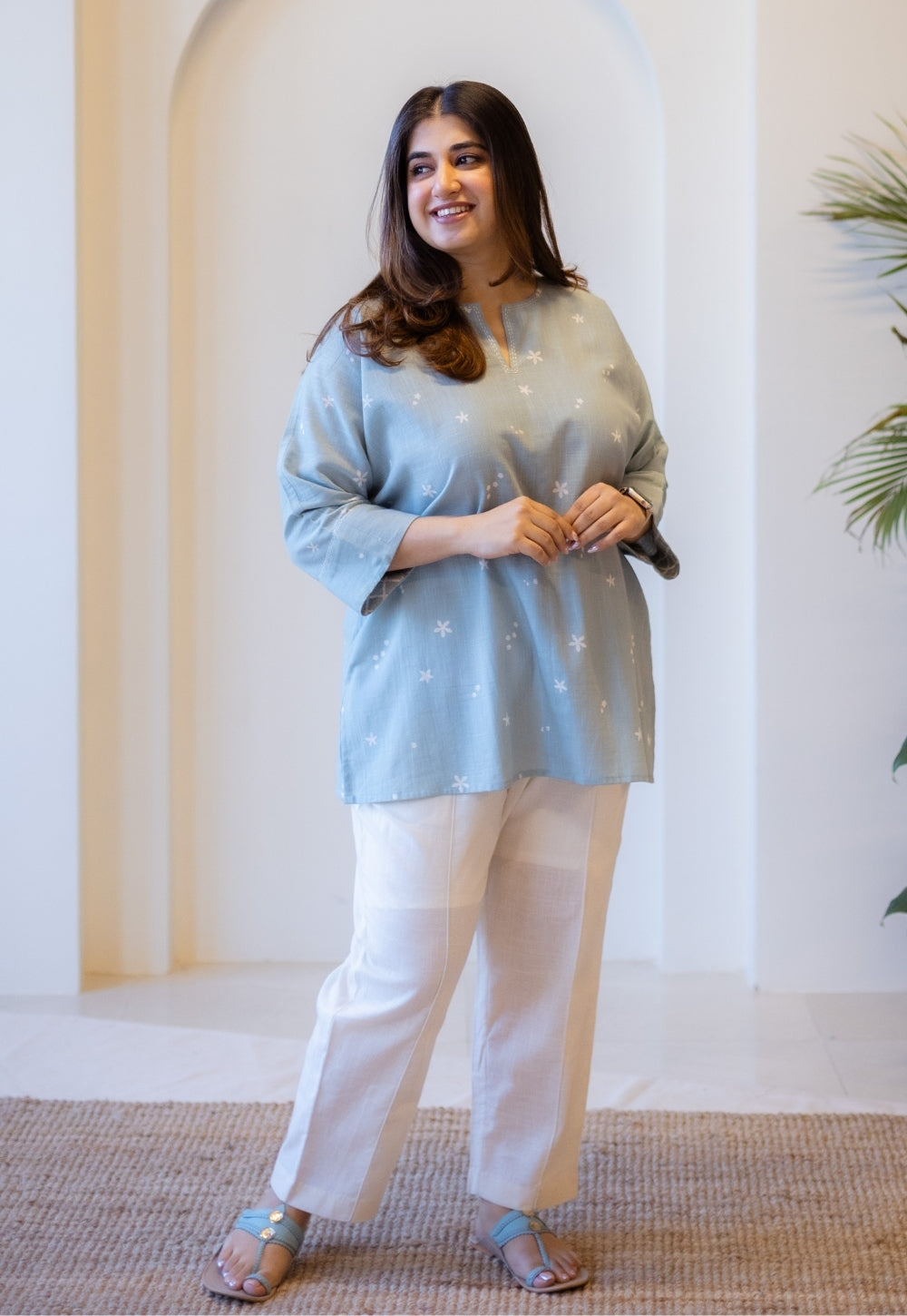 Lyla Sky Blue Hand Block Print Slub Cotton Straight Short Top with Hand Embroidery