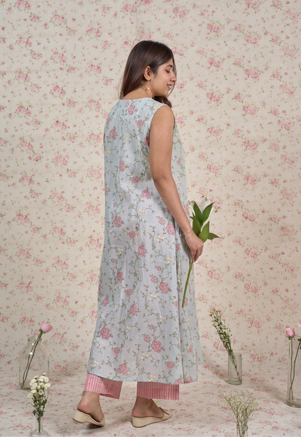 Flora Blue Sanganeri Mul Cotton A Line Kurta