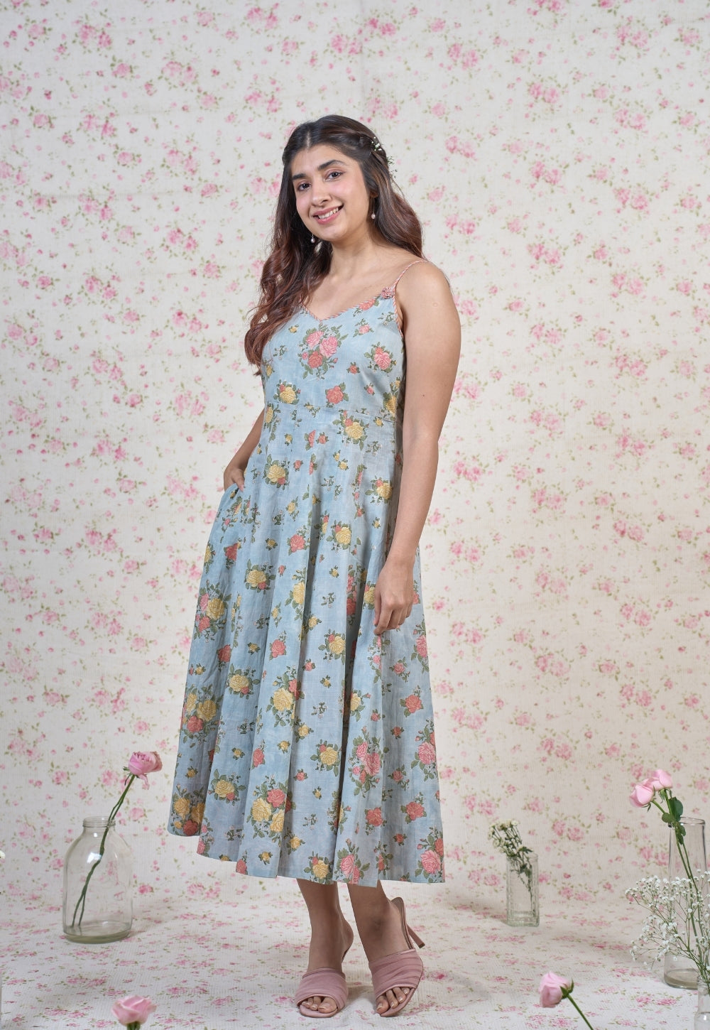 Emma Blue Sanganeri Slub Cotton A Line Dress