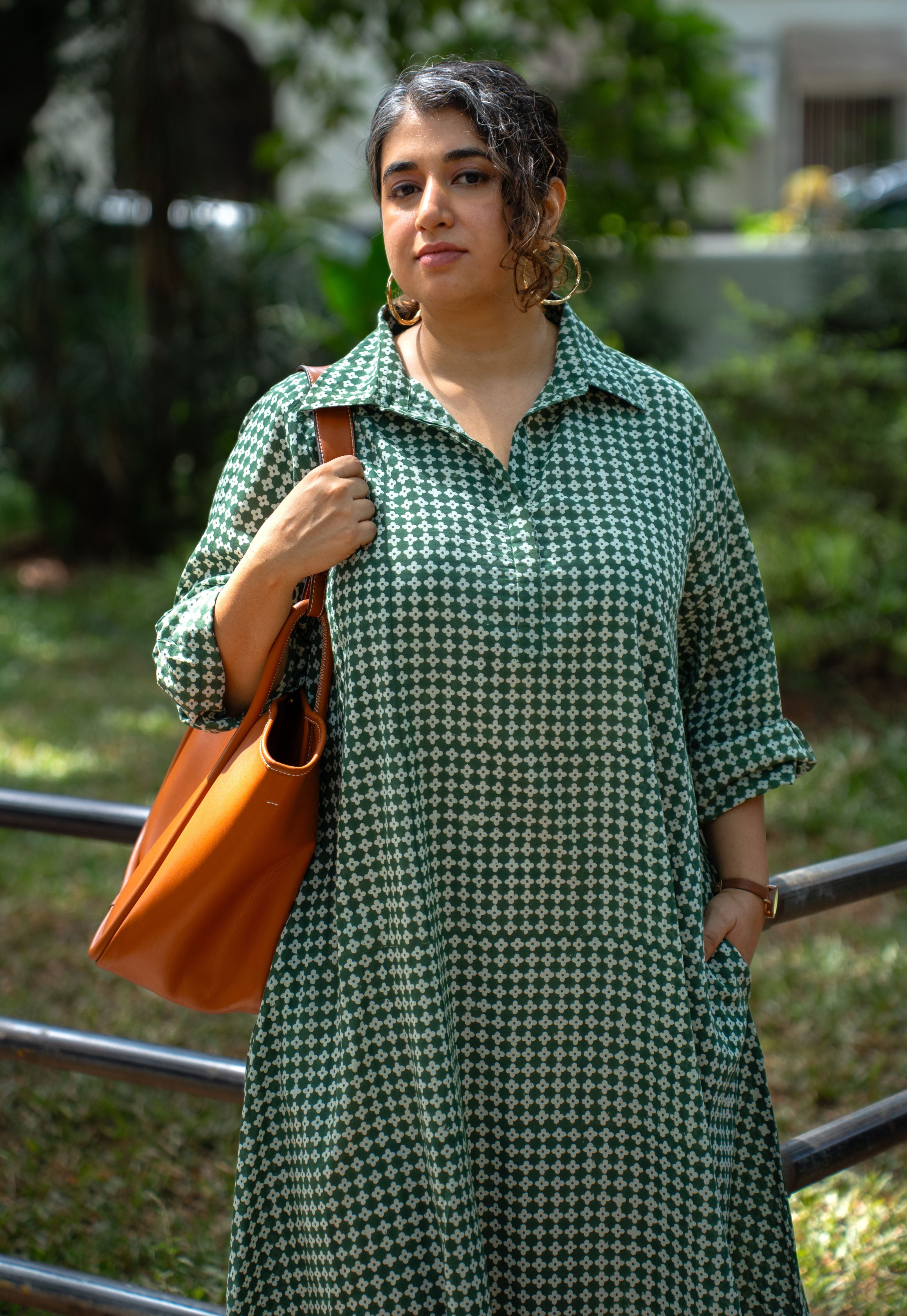 Aveera Green Bagru Cotton A Line Dress with Slip