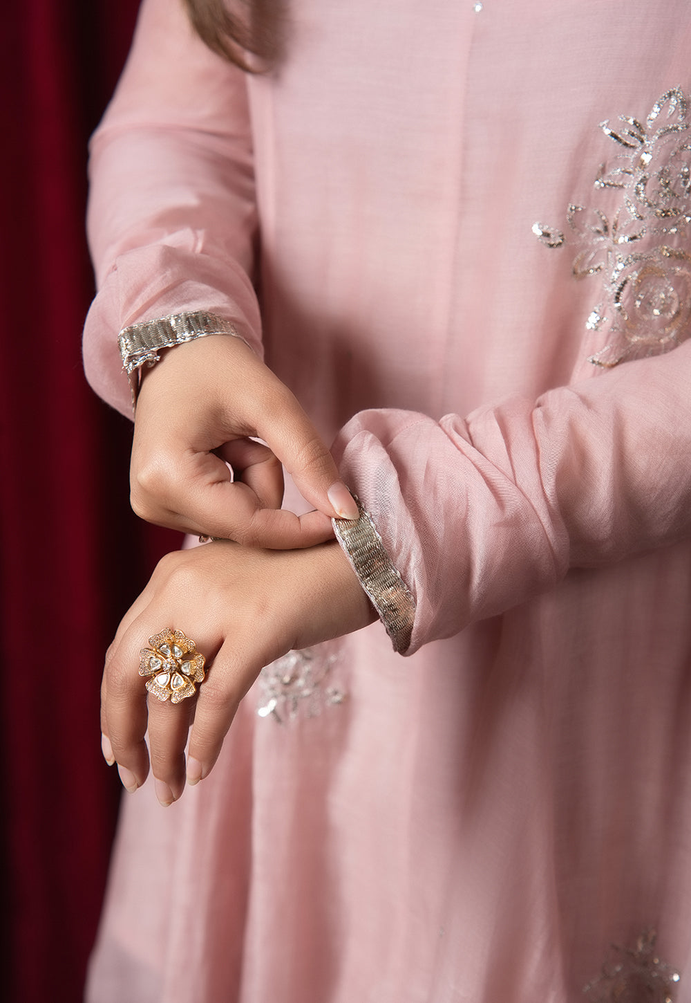 Manya Pink Solid Chanderi Silk Kali Kurta with Hand Embroidery