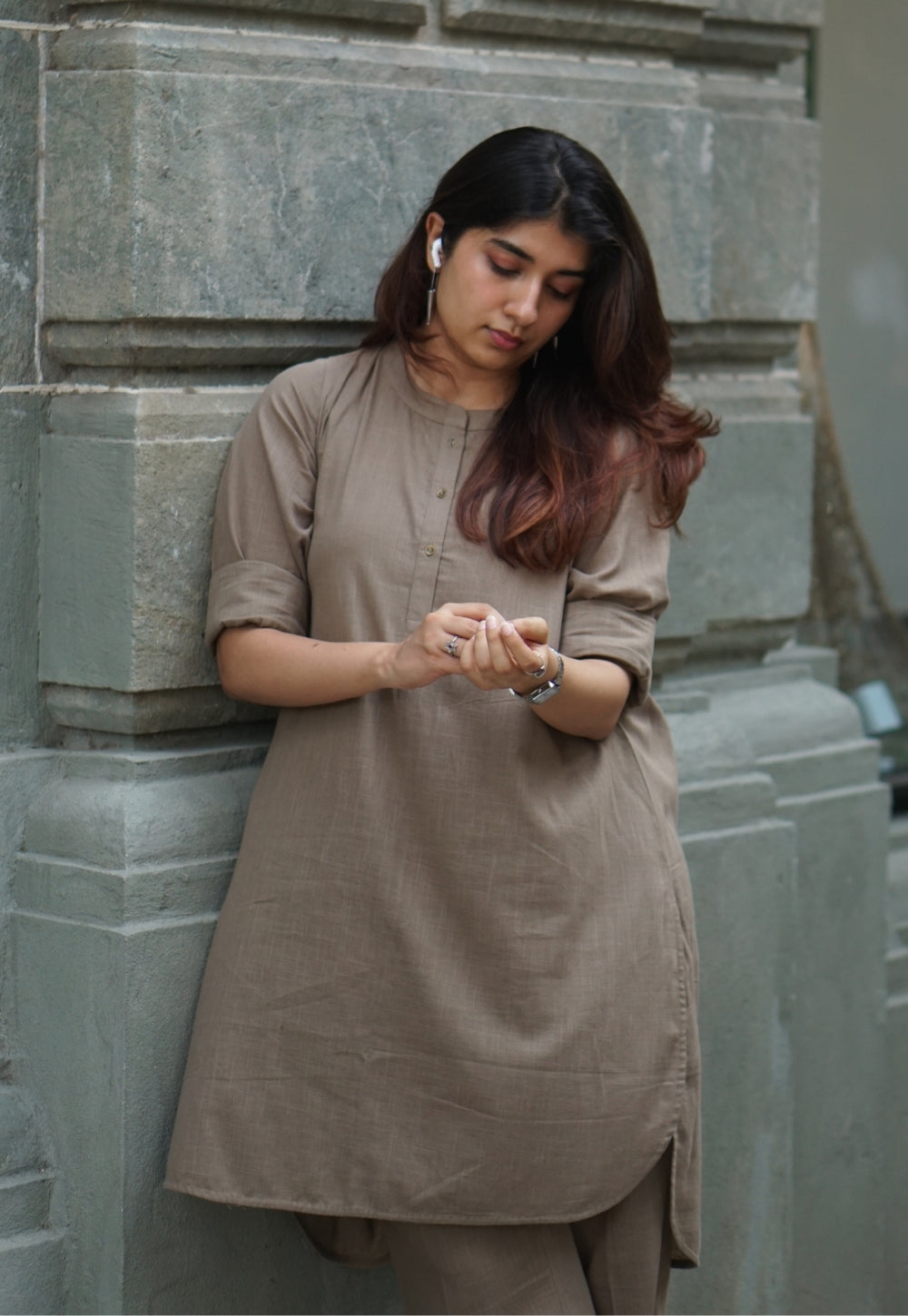 Khaki Grey Solid Slub Cotton Straight Co-Ord Set - DyeVerse