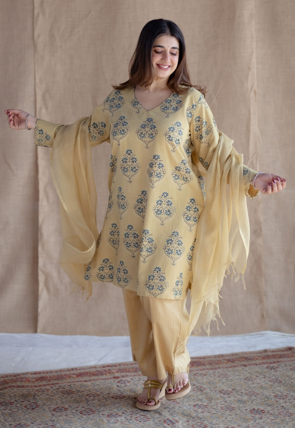 Kavya Yellow Ajrakh Cotton Straight Suit Set (Set of 3)