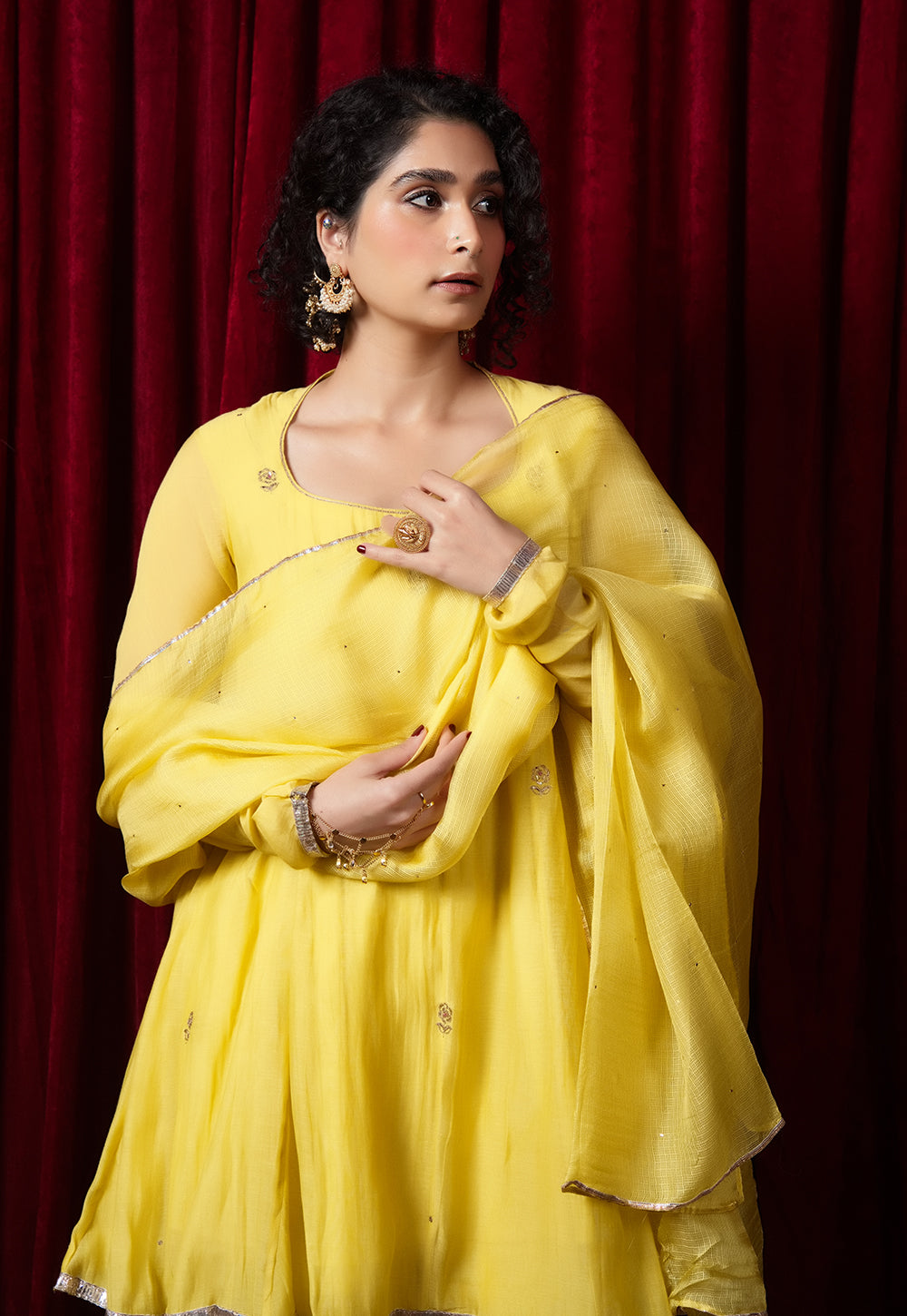 Yellow Solid Kota Doria Silk Dupatta with Mukaish Embroidery