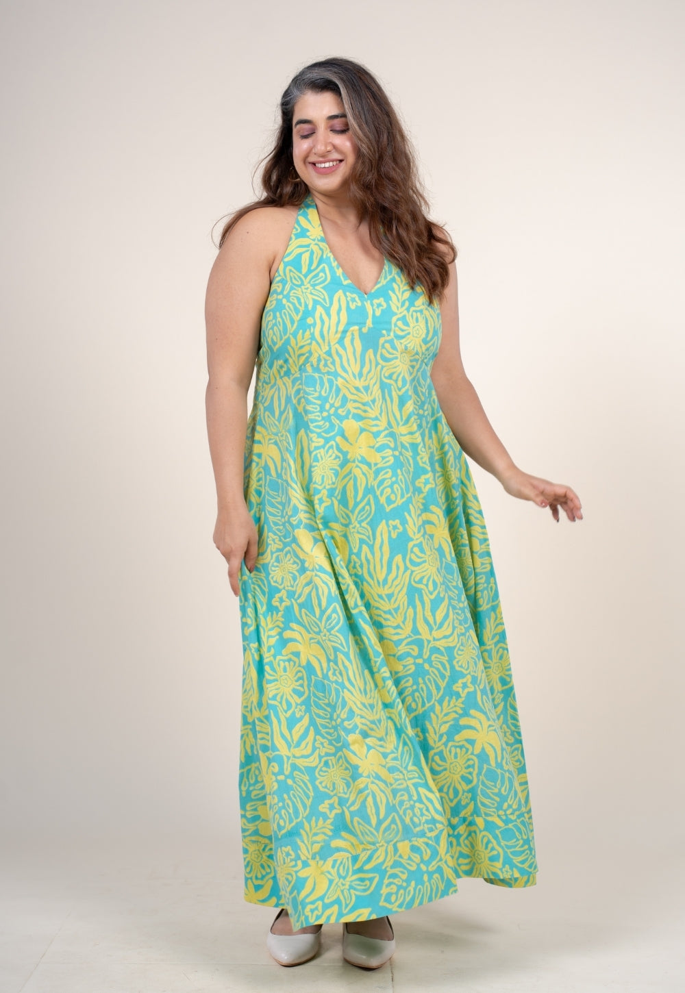 Mihira Blue Turquoise Printed Cotton A Line Dress