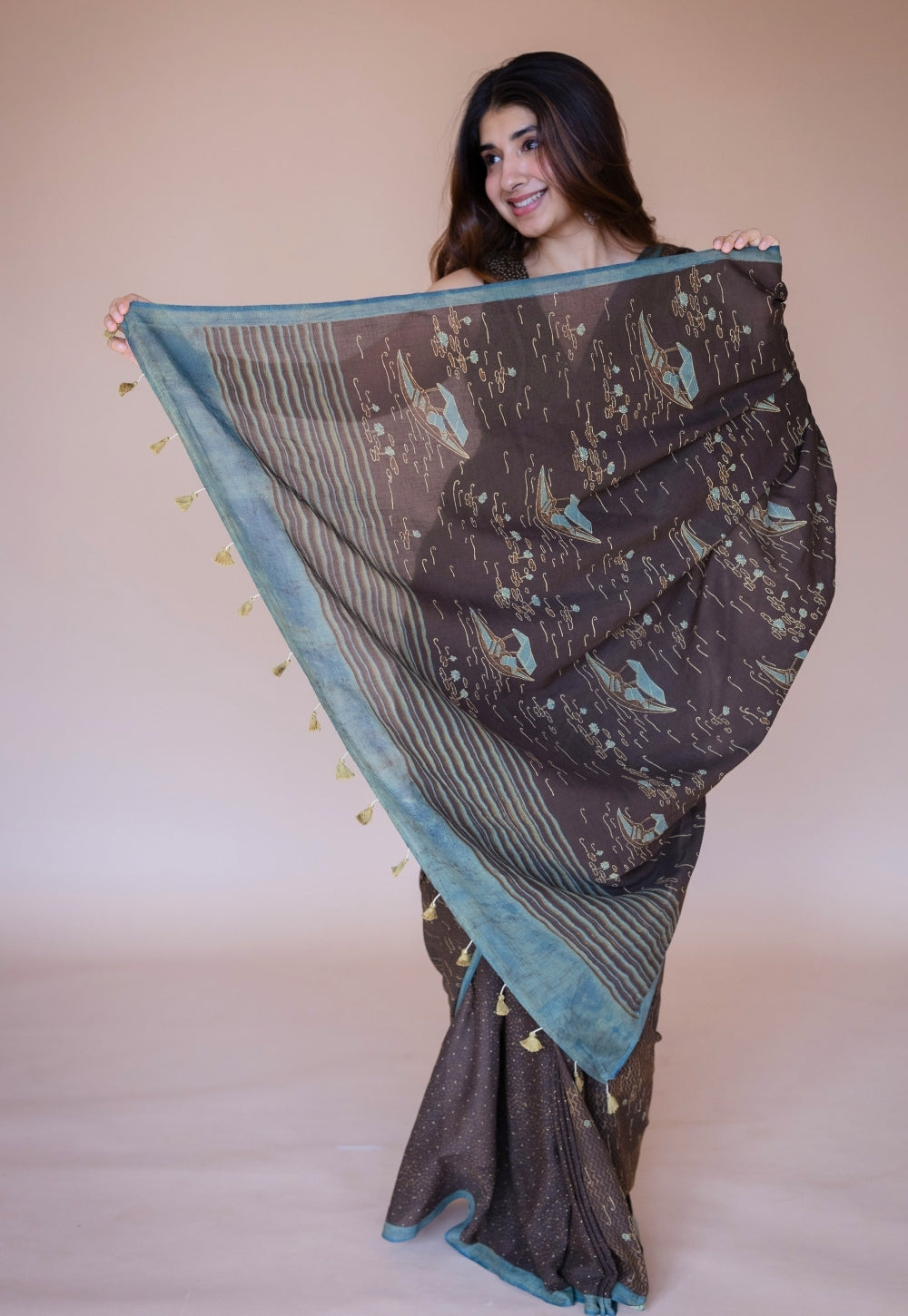 Brown Boat Ajrakh Hand Block Print Mul Saree